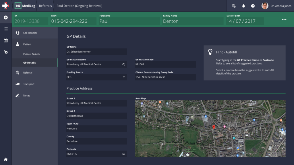 MediLog A screenshot of MediLog showing a detailed clinical record with GIS information