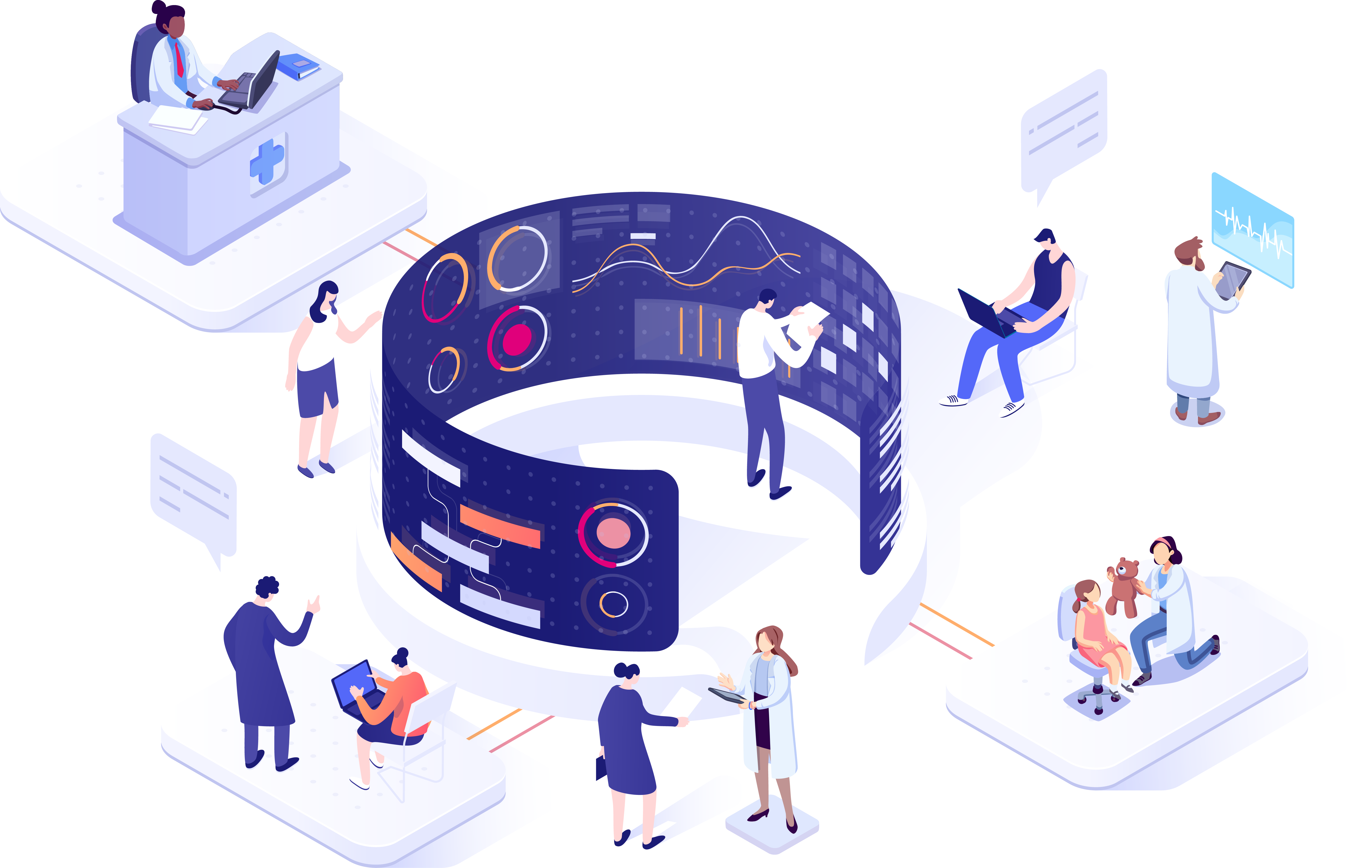 Homepage Illustration An illustration of people using technology across many sectors, interacting with people, processes, and technology