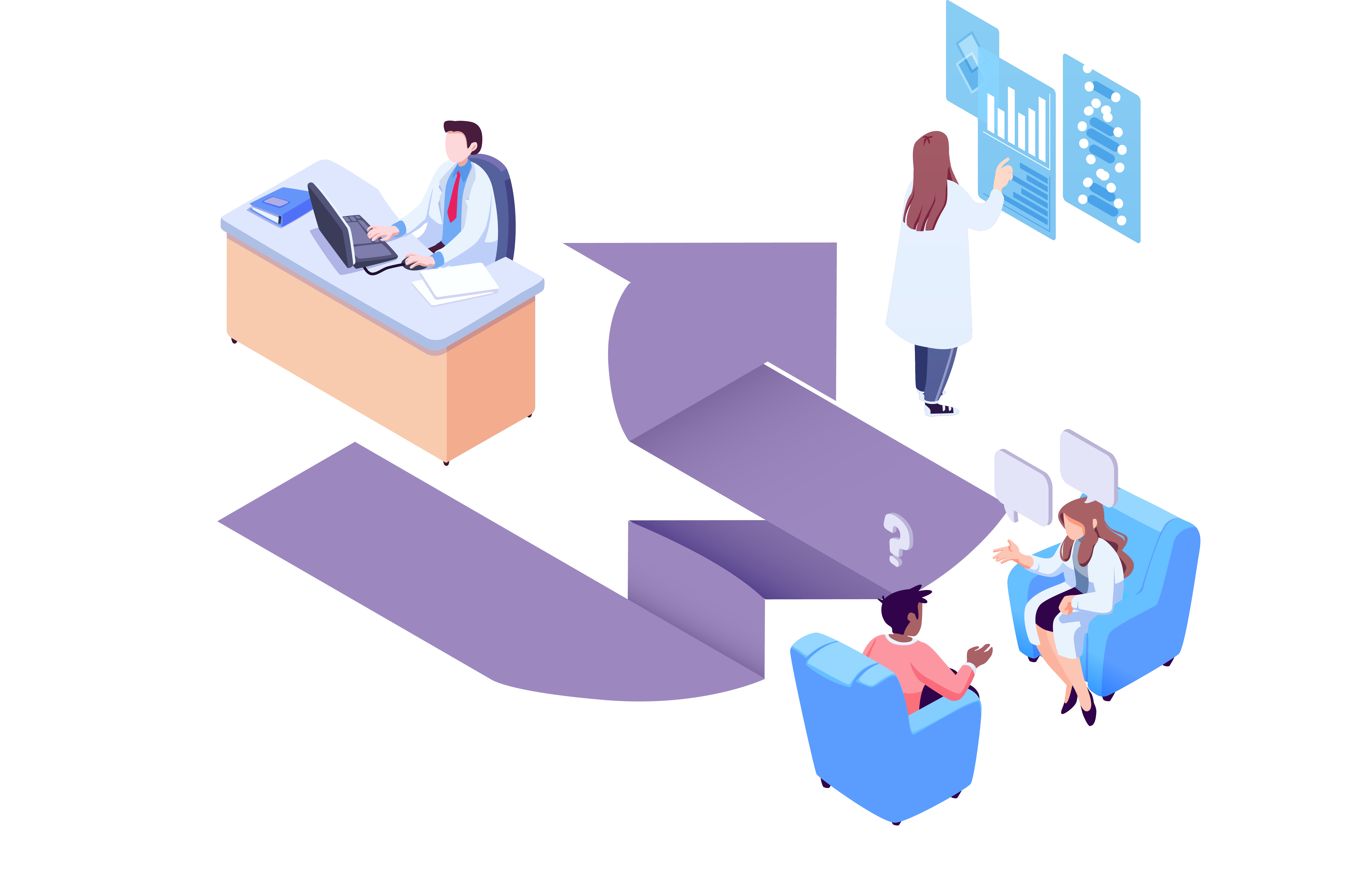 MediWork An illustration of doctors working around the MediWork Logo