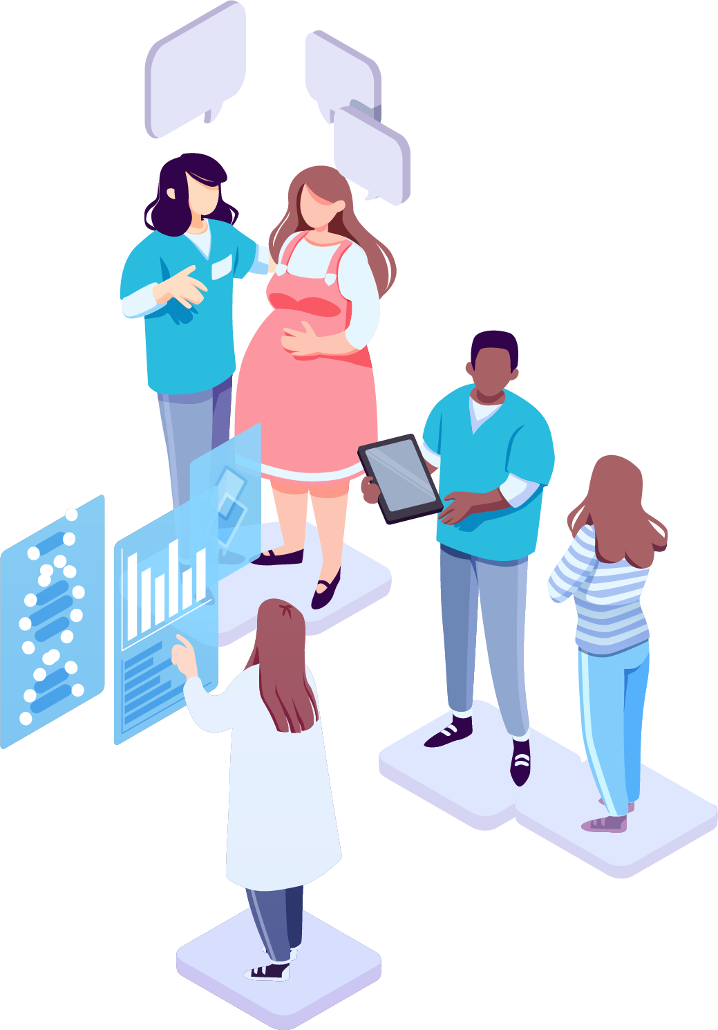 Revolutionising Healthcare An illustration of health professionals discussing topics with patients and researching patient outcomes