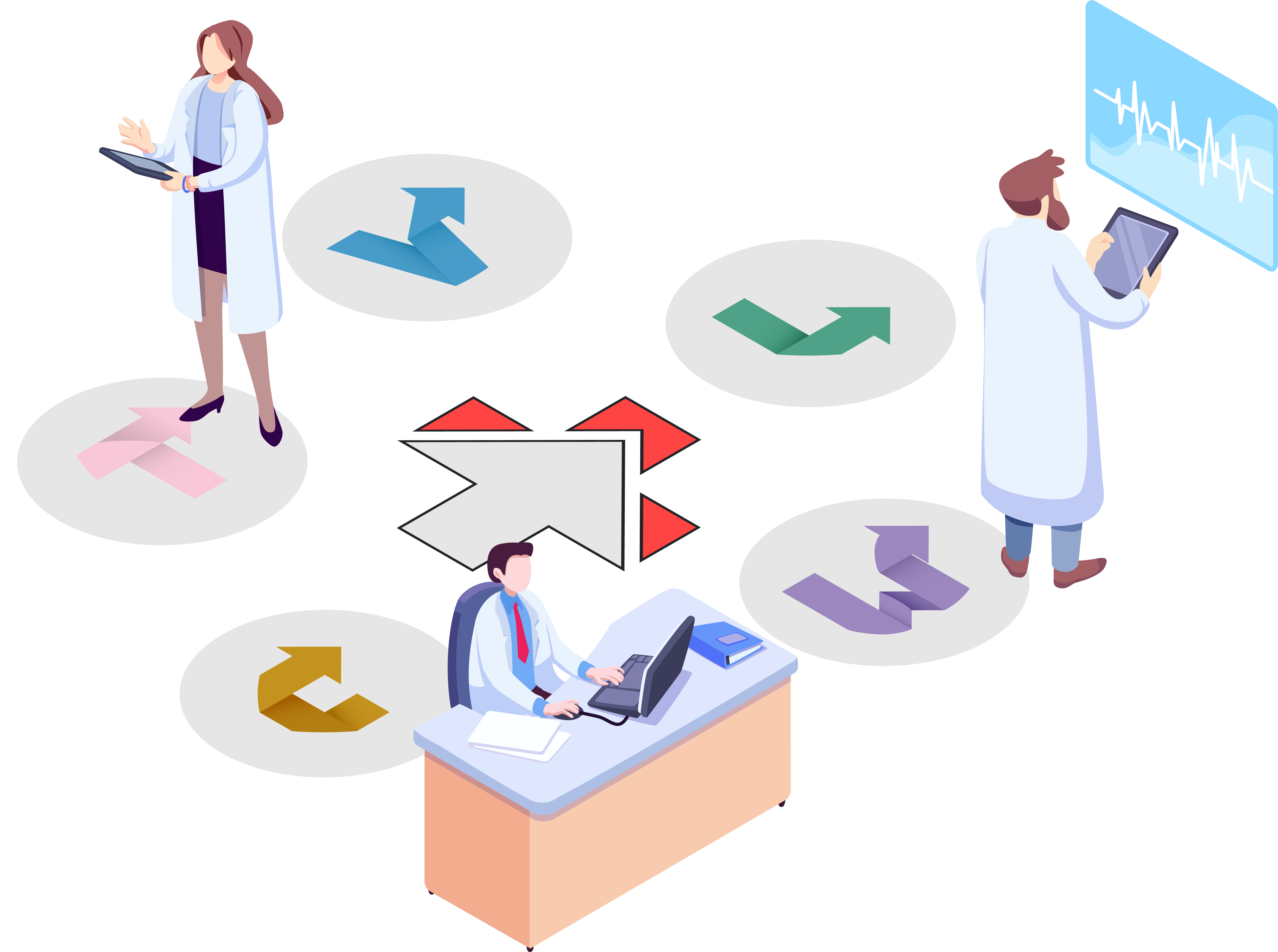 SwiftCare An illustration of doctors working around the SwiftCare Logo